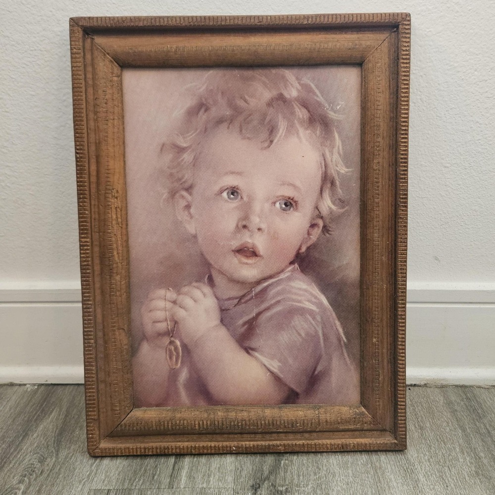 VTG Catholic‎ framed print child praying wooden board 19x14 Wood Picture Frame